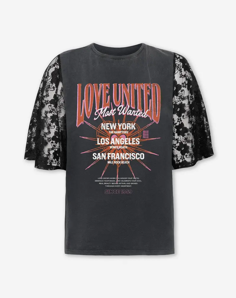 Acid Gray Lace-Sleeve Love United Tee 1