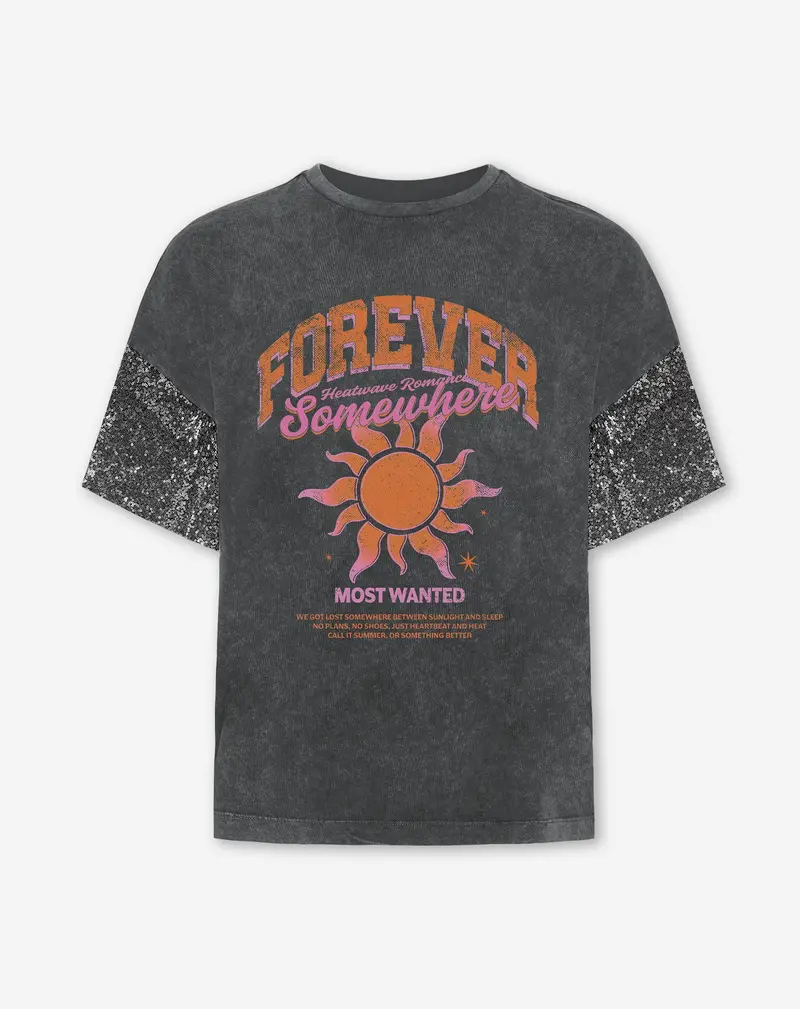 Acid Gray Sequined Sleeve Graphic Tee 1