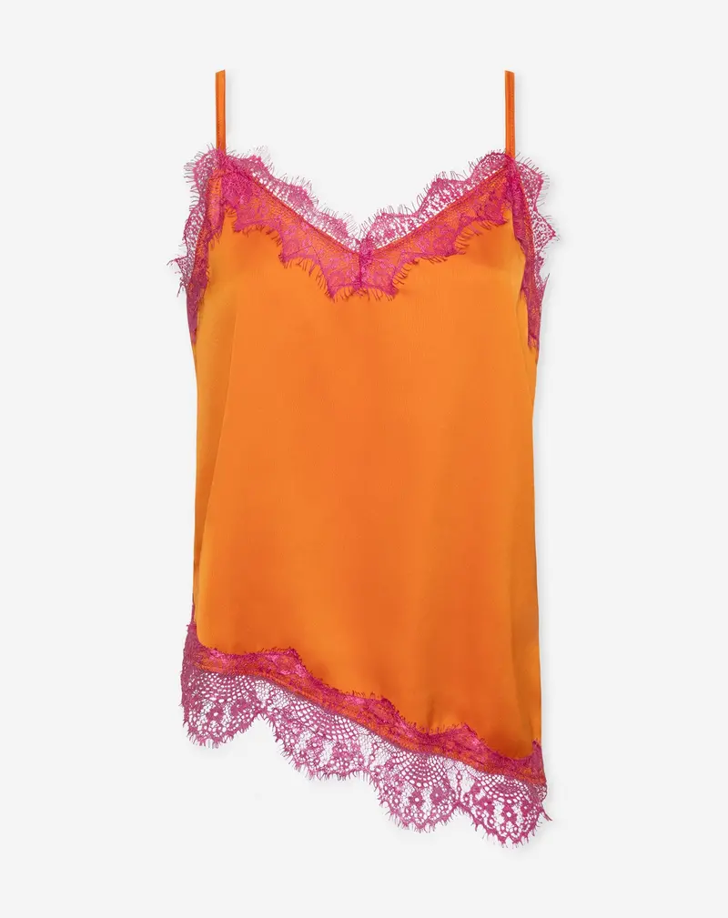 Asymmetric Satin-Lace Camisole Top In Orange 1