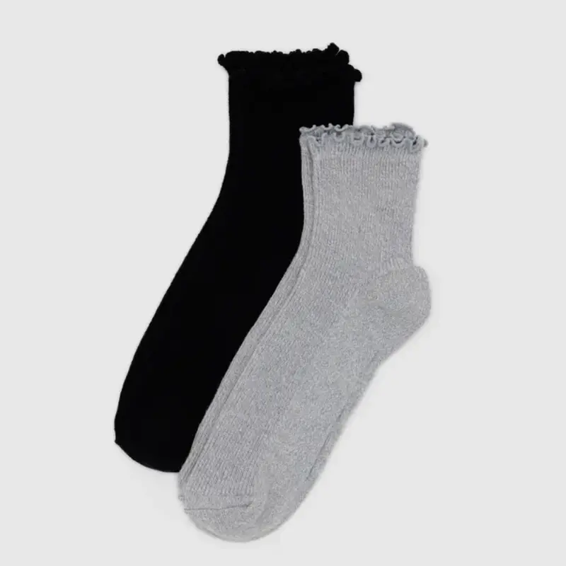 Baggu Lettuce Edge Sock Duo – Grey & Black Textured Ribbed Pair 1