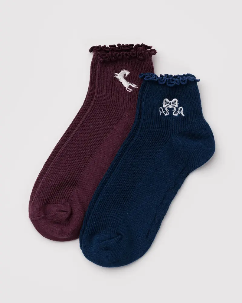 Baggu Mahogany & Navy Icon Lettuce-Edge Sock Duo 1