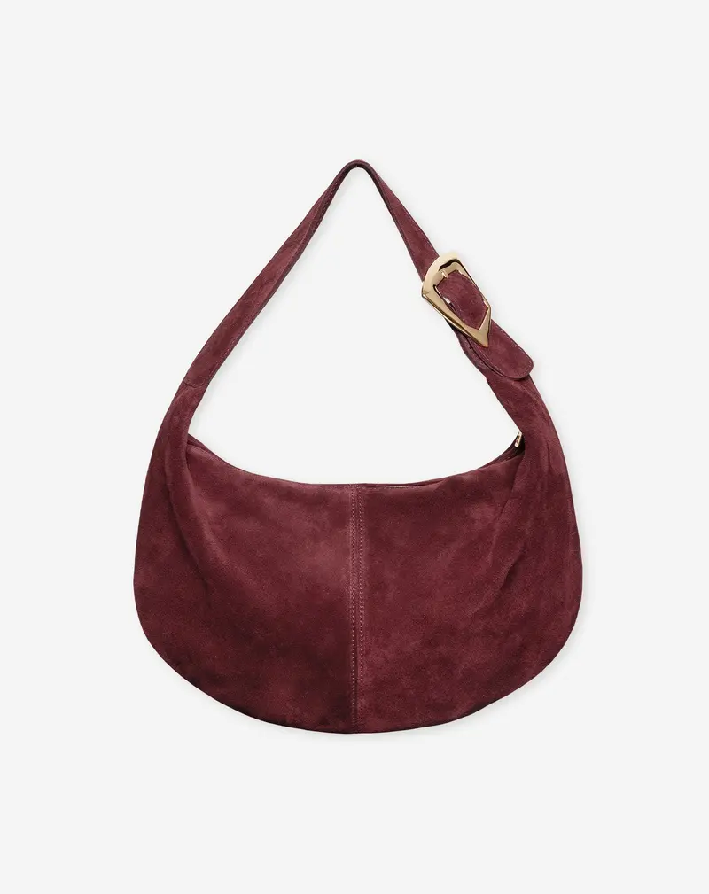 Burgundy Suede Shoulder Bag With Buckle Detail 1