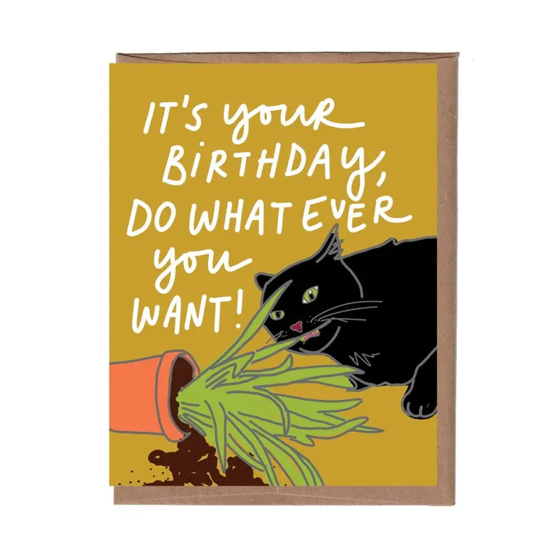 Cat Eating Plants Birthday Card – La Familia Green 1