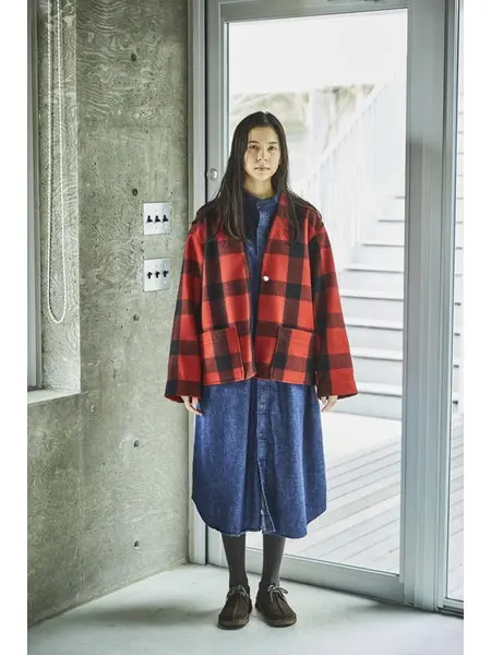 Orslow No-Collar Hunter Jacket – Unisex Red Check Wool Blend 1