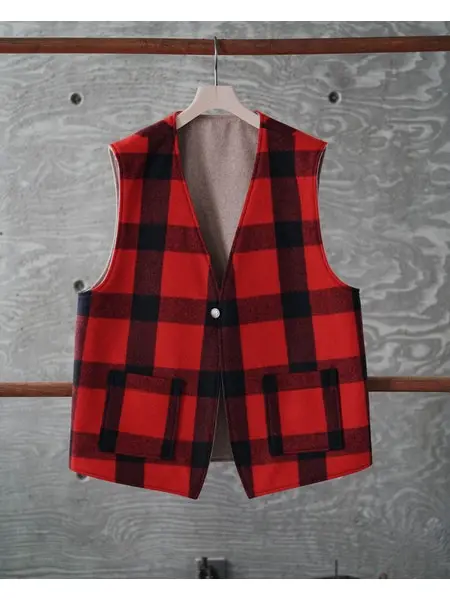 Orslow Reversible Wool Melton Vest – Red Check Double-Sided 1
