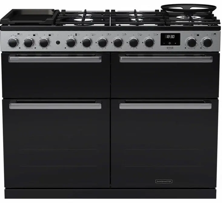Rangemaster Edge Deluxe Bc Eddlb110Dfgblk/Cm1 110Cm Black Glass Dual Fuel Range Cooker With Chrome Trim 1