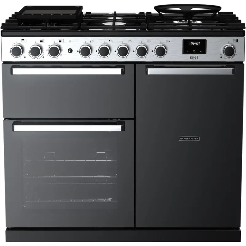 Rangemaster Edge Deluxe Eddl100Dfgblk/Cm1 100Cm Black Glass Dual Fuel Range Cooker With Chrome Trim 1