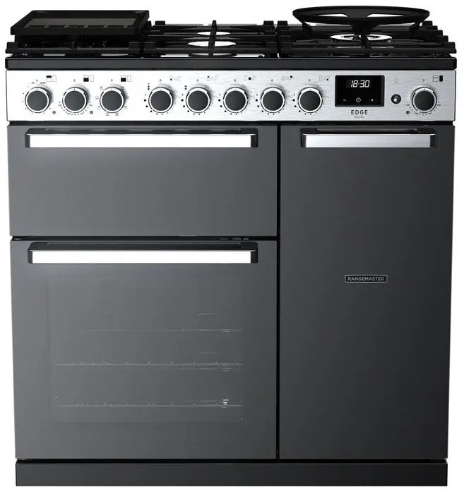 Rangemaster Edge Deluxe Eddl90Dfgblk/Cm1 90Cm Black Glass Dual Fuel Range Cooker With Chrome Trim 1