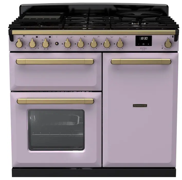 Rangemaster Estel Deluxe 100Cm Dual Fuel Range Cooker In Heather With Antique Brass Trim 1