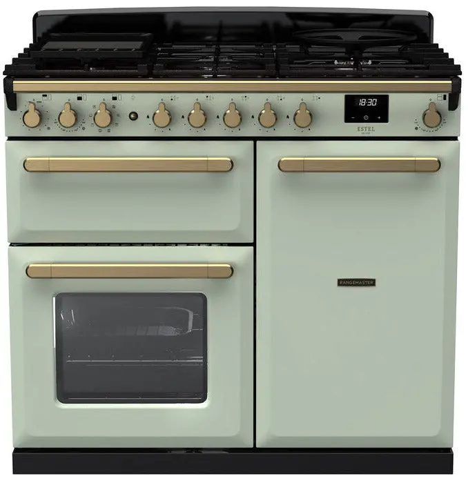 Rangemaster Estel Deluxe 100Cm Dual Fuel Range Cooker In Mint With Antique Brass Trim 1