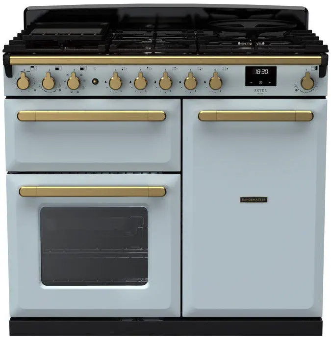 Rangemaster Estel Deluxe 100Cm Dual Fuel Range Cooker In Misty Blue With Antique Brass Trim 1