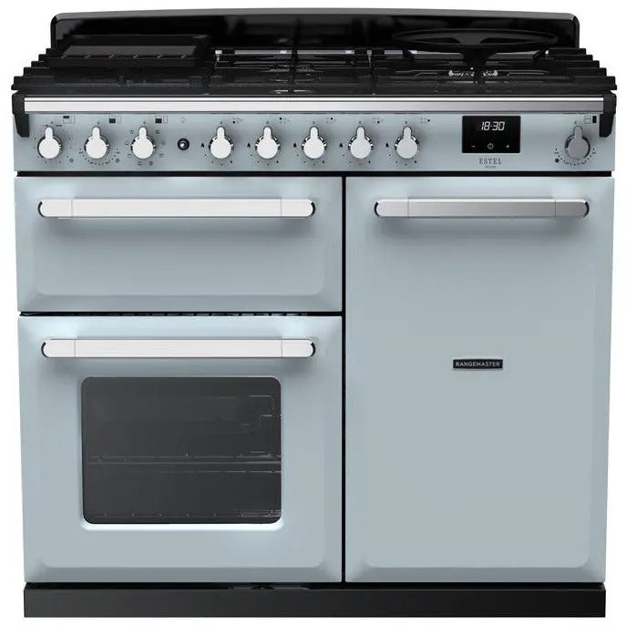 Rangemaster Estel Deluxe 100Cm Dual Fuel Range Cooker In Misty Blue With Chrome Trim 1