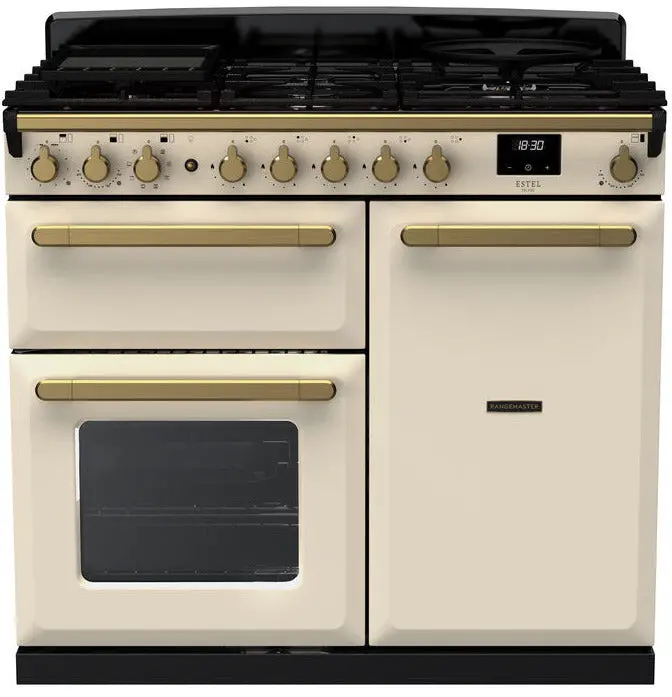 Rangemaster Estel Deluxe 100Cm Dual Fuel Range Cooker In Pale Cream With Antique Brass Trim 1