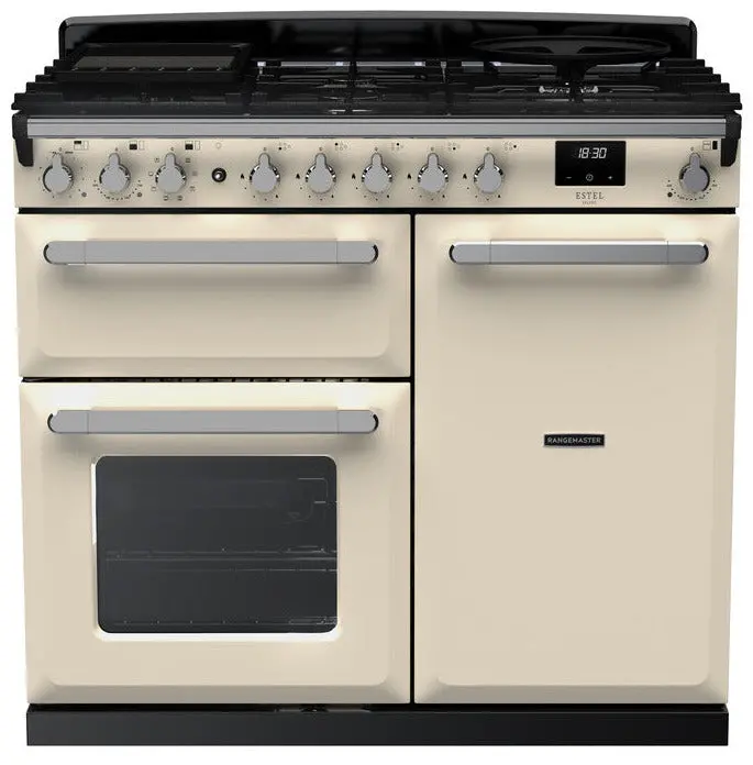 Rangemaster Estel Deluxe 100Cm Dual Fuel Range Cooker In Pale Cream With Chrome Trim 1