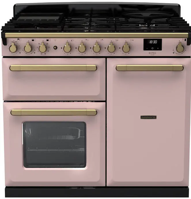 Rangemaster Estel Deluxe 100Cm Dual Fuel Range Cooker In Pale Pink With Antique Brass Trim 1