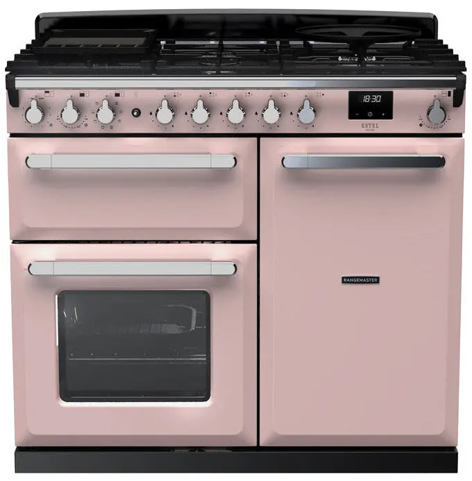 Rangemaster Estel Deluxe 100Cm Dual Fuel Range Cooker In Pale Pink With Chrome Trim 1
