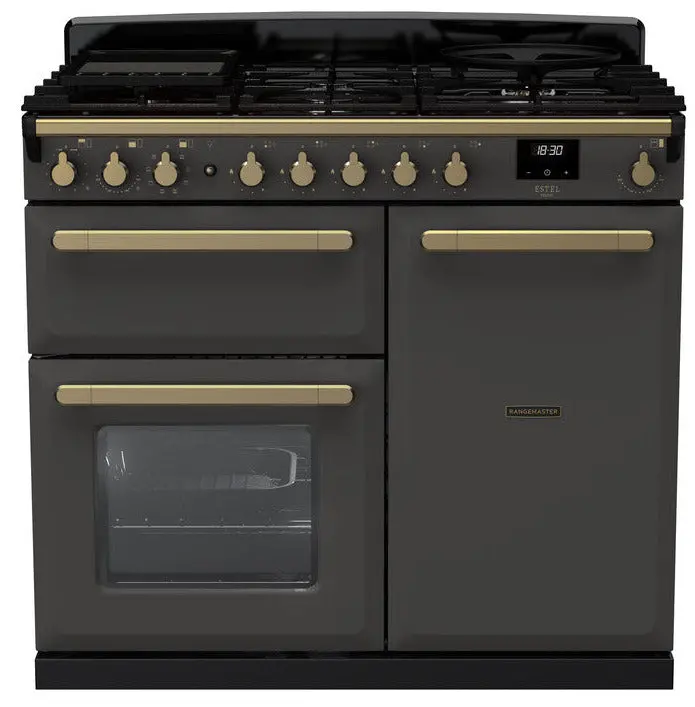 Rangemaster Estel Deluxe 100Cm Dual Fuel Range Cooker In Slate With Antique Brass Trim 1