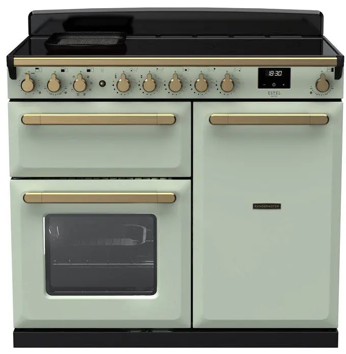Rangemaster Estel Deluxe 100Cm Induction Range Cooker In Mint With Antique Brass Trim 1