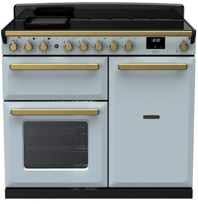 Rangemaster Estel Deluxe 100Cm Induction Range Cooker In Misty Blue With Antique Brass Trim 1