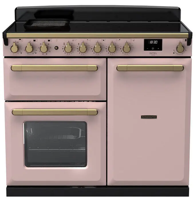 Rangemaster Estel Deluxe 100Cm Induction Range Cooker In Pale Pink With Antique Brass Trim 1