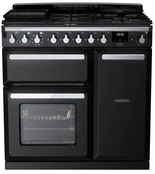 Rangemaster Estel Deluxe 90Cm Dual Fuel Range Cooker – Gloss Black With Chrome Trim 1