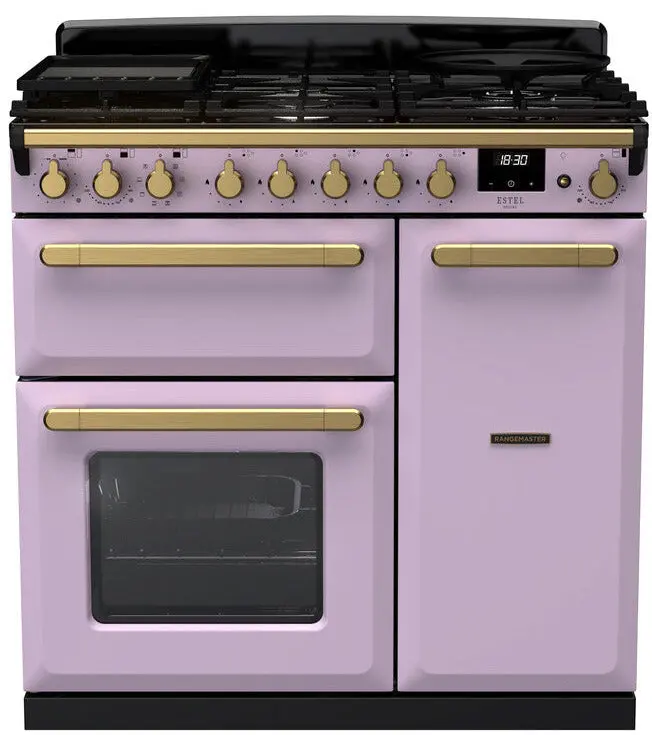 Rangemaster Estel Deluxe 90Cm Dual Fuel Range Cooker – Heather Grey With Antique Brass Trim 1