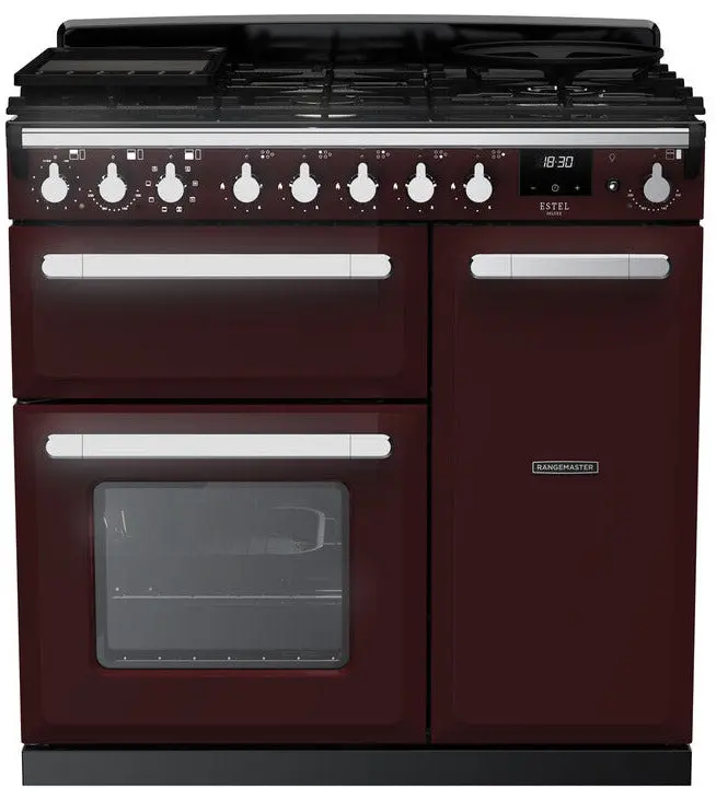 Rangemaster Estel Deluxe 90Cm Dual Fuel Range Cooker In Bordeaux With Chrome Trim 1