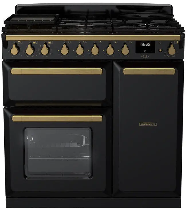 Rangemaster Estel Deluxe 90Cm Dual Fuel Range Cooker In Gloss Black With Antique Brass Trim 1