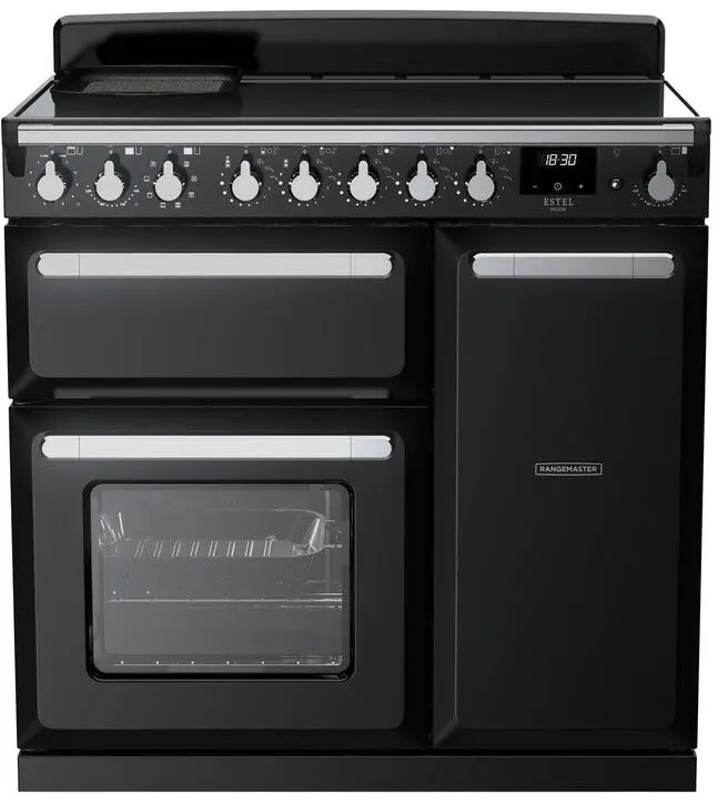 Rangemaster Estel Deluxe 90Cm Induction Range Cooker – Gloss Black With Chrome Trim 1