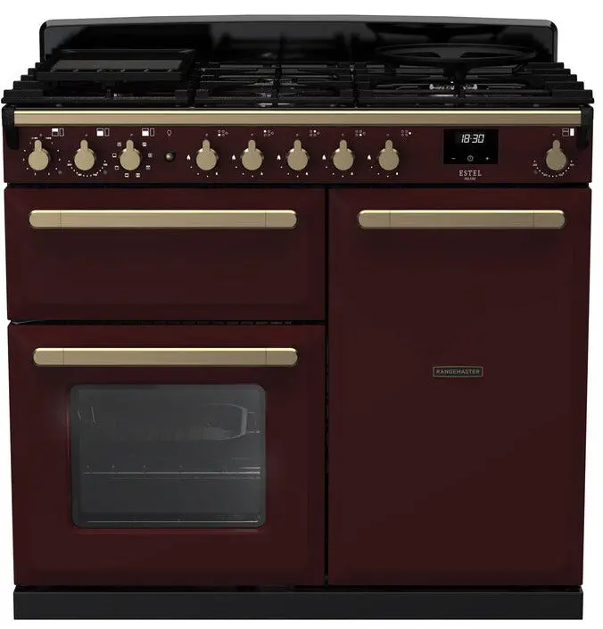 Rangemaster Estel Deluxe Esdl100Dfpbor/Ab1 100Cm Bordeaux Dual Fuel Range Cooker With Antique Brass Trim 1