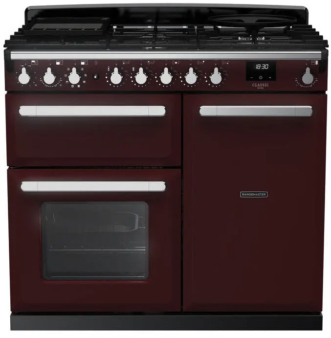 Rangemaster Estel Deluxe Esdl100Dfpbor/Cm1 100Cm Bordeaux Dual Fuel Range Cooker With Chrome Trim 1