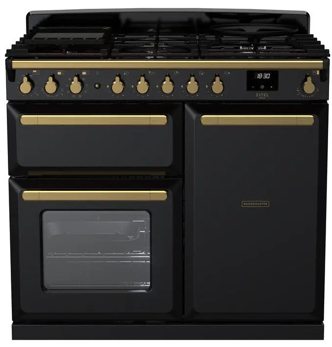 Rangemaster Estel Deluxe Esdl100Dfpgbl/Ab1 100Cm Gloss Black Dual Fuel Range Cooker With Antique Brass Accents 1