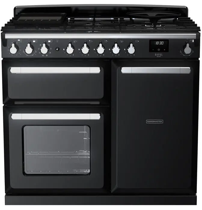 Rangemaster Estel Deluxe Esdl100Dfpgbl/Cm1 100Cm Gloss Black Dual Fuel Range Cooker With Chrome Trim 1