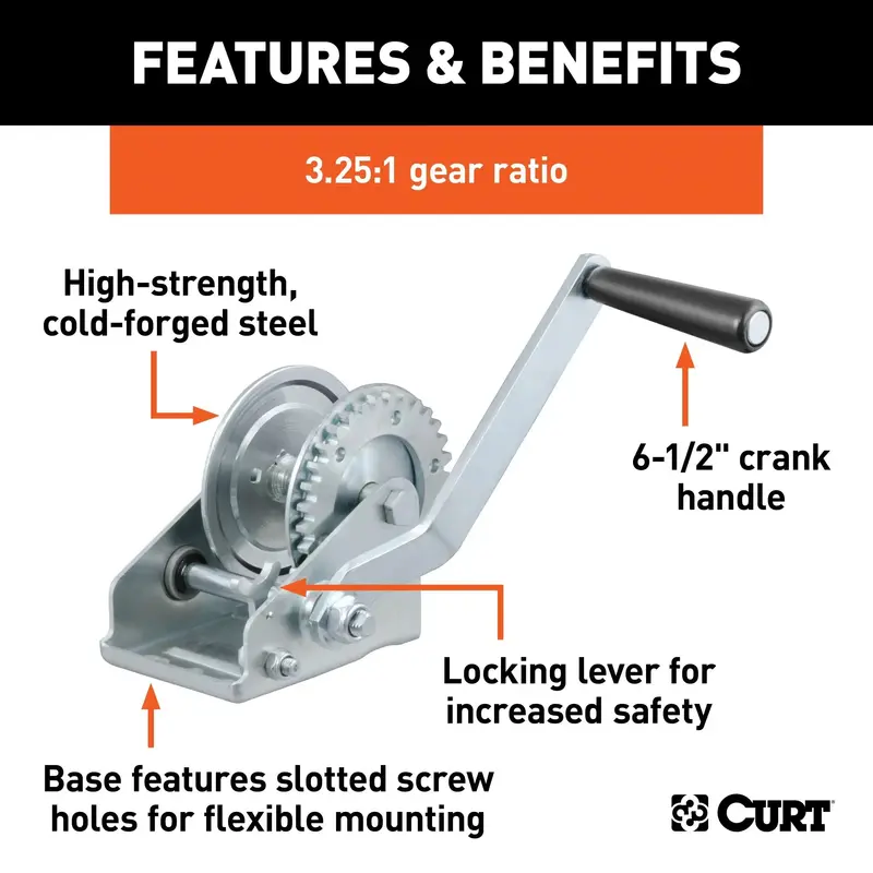 Curt 29423 Manual Hand-Crank Winch – 900 Lb Capacity, 6.5" Handle 1